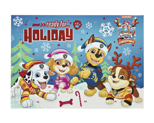 Paw Patrol adventskalender met de karakters Marshall, Skye, Chase en Rubble