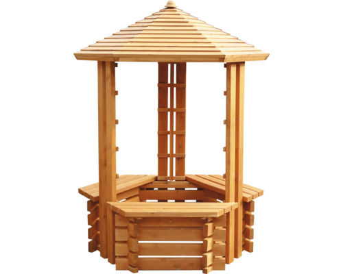 Houten tuinpaviljoen met zeshoekige basis en dak
