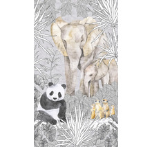 Illustratie van een olifantenfamilie, een panda en stokstaartjes in de jungle