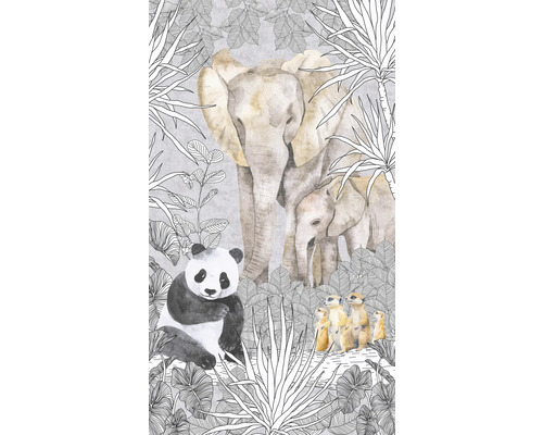 A.S. CRÉATION Fotobehang vlies 77070-1 Lilly & Luis safari dieren beige Illustratie van een olifantenfamilie, een panda en stokstaartjes in de jungle