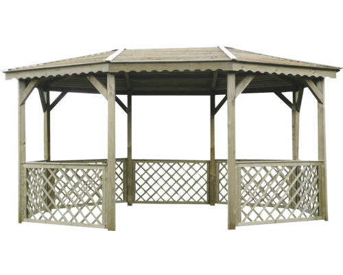 Houten tuinpaviljoen met zeshoekig dak en houten hekwerk