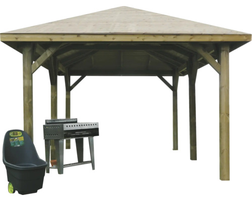 Houten tuinpaviljoen met barbecue en kruiwagen