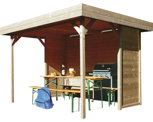 Houten grillkota met barbecue, biertafelset en rugzak