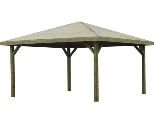 Houten paviljoen met vierkant grondplan en puntdak