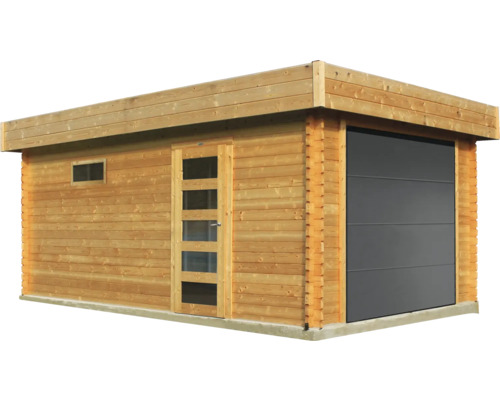 Houten tuinhuis met garagedeur en ramen