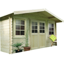 Houten tuinhuis met ramen en dubbele deur