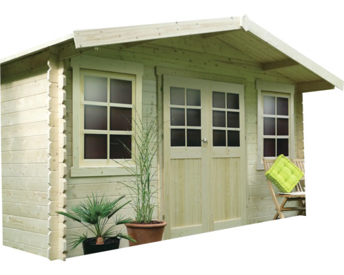 Houten tuinhuis met ramen en dubbele deur