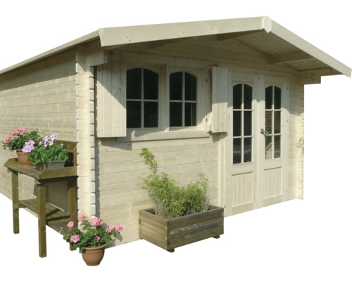 Houten tuinhuis met ramen en dubbele deur