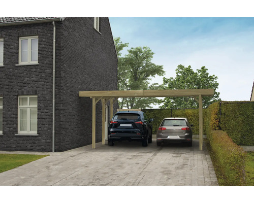 Houten carport met twee geparkeerde auto''s voor een huis.