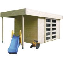 Houten speelhuis met veranda, glijbaan en speelgoedtractor voor kinderen