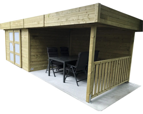 Houten tuinhuis met schuifdeuren, tafel en stoelen