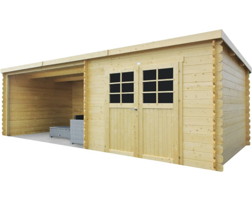 Houten tuinhuis met dubbele deur en aanbouw