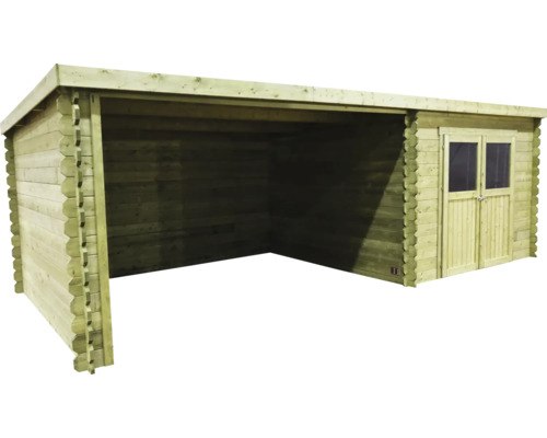 Houten garage met aangrenzende gereedschapsschuur