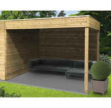 Houten paviljoen met loungegedeelte en plantenbak in de tuin