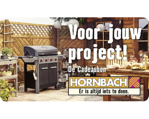 Cadeaubon voor jouw project met een gasbarbecue op een terras bij een houten tuinhuis en Hornbach Logo.