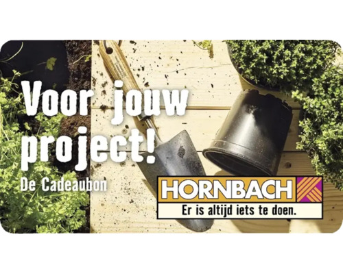 Hornbach cadeaukaart met tuingereedschap, plantenpot en planten op hout. Hornbach Logo.