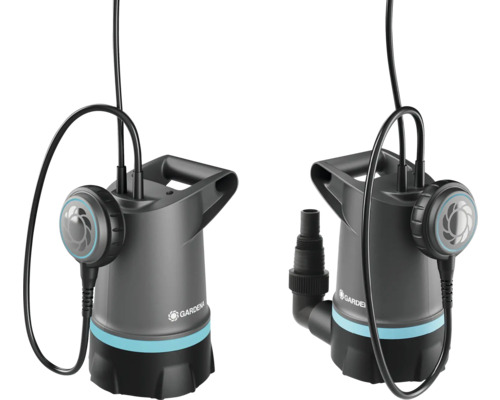 Twee Gardena vuilwaterpompen met stroomkabel en handgreep