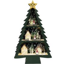 Decoratieve kerstboom van hout met ster, huizen en figuren