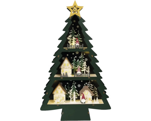 Decoratieve kerstboom van hout met ster, huizen en figuren