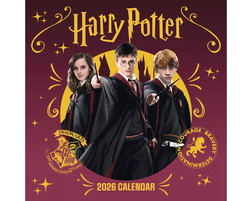 Harry Potter kalender 2026 met de personages Hermelien Griffel, Harry Potter en Ron Wemel