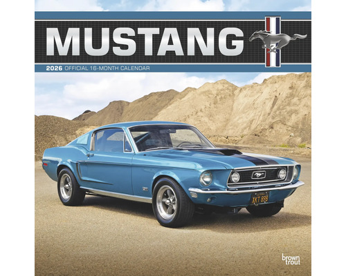 Mustang kalender 2026 met een blauwe Mustang auto