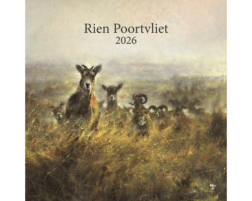 Schilderij Rien Poortvliet 2026 met moeflons in een graslandschap