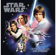 Star Wars kalender 2026 met afbeeldingen van Han Solo, Luke Skywalker, Prinses Leia, R2-D2 en C-3PO