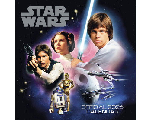 Star Wars kalender 2026 met afbeeldingen van Han Solo, Luke Skywalker, Prinses Leia, R2-D2 en C-3PO