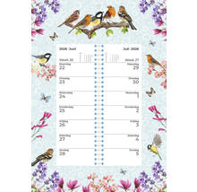 Spiraalgebonden kalender met vogelmotieven voor juni en juli 2026