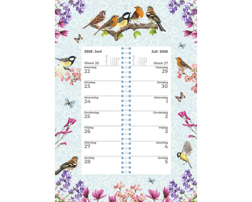 Spiraalgebonden kalender met vogelmotieven voor juni en juli 2026