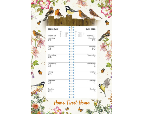 Weekkalender 2026 met vogel- en bloemmotieven