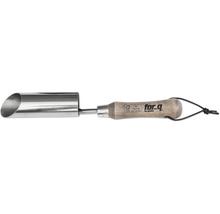 Planthout van metaal met houten handvat en for_q logo