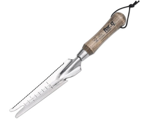 Plantspaan van roestvrij staal met houten handvat en diepteschaal