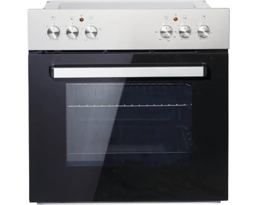 Vrijstaand elektrisch fornuis met zwarte ovendeur en zilverkleurige bedieningselementen.