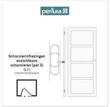 Perlura Logo. Schema van de scharnierfrezingen voor onzichtbare scharnieren, drie stuks, L1, links binnendraaiend