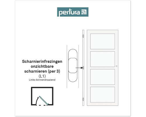 Perlura Logo. Schema van de scharnierfrezingen voor onzichtbare scharnieren, drie stuks, L1, links binnendraaiend