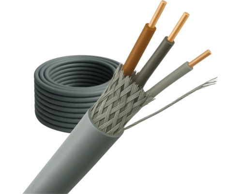Grijze kabel met drie aders en draadomvlechting