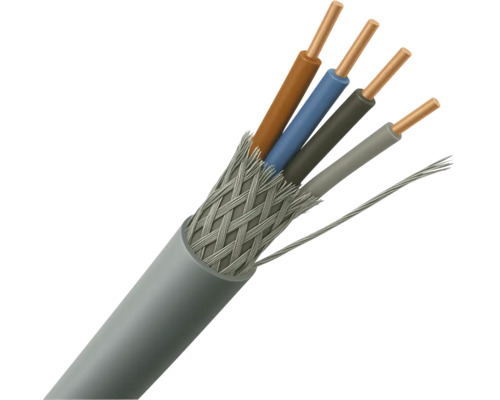 Grijze kabel met meerdere gekleurde binnengeleiders en gevlochten afscherming