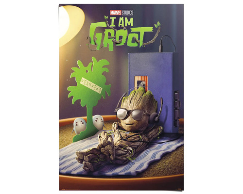 I am Groot poster met Groot met een hoofdtelefoon en een bril