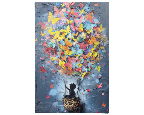 Schilderij met een kind in een mand onder een ballon van vlinders
