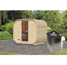 Houten barrelsauna met sauna kachel buiten