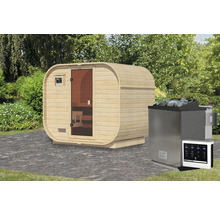 Houten sauna in de vorm van een vat met een sauna oven en bediening