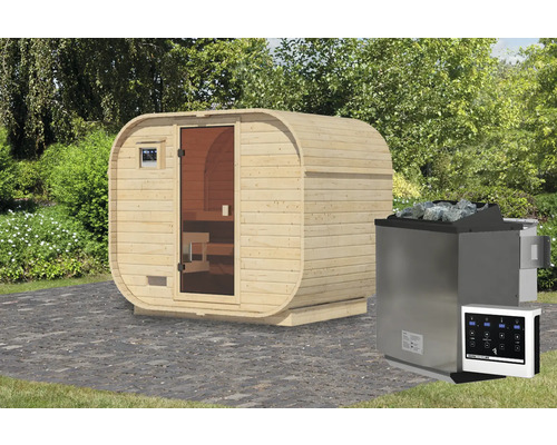 Houten sauna in de vorm van een vat met een sauna oven en bediening