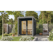 Tuin met een moderne sauna van hout en glas