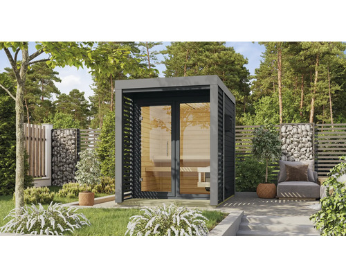 Tuin met een moderne sauna van hout en glas