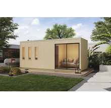 Modern tuinhuis met schuifdeur en ramen in de tuin