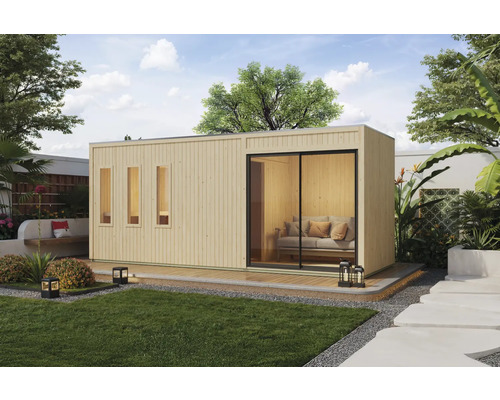 Modern tuinhuis met schuifdeur en ramen in de tuin