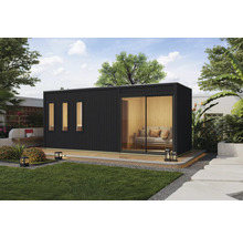 Modern tuinhuis met ramen en schuifdeur in een verzorgde tuin.