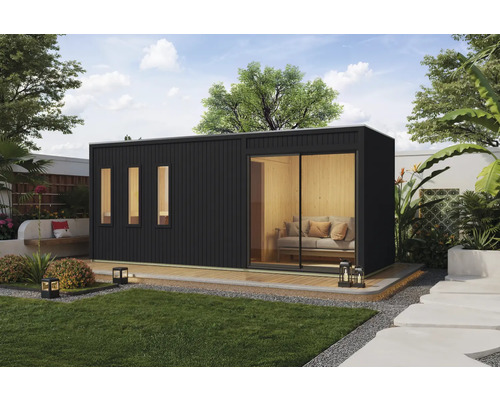 Modern tuinhuis met ramen en schuifdeur in een verzorgde tuin.