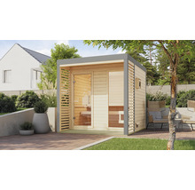 Moderne tuinsauna van hout met glazen voorkant en houten lamellen aan de zijkant